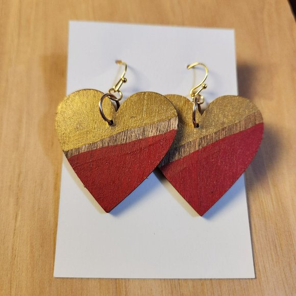 Earrings red gold heart wood - Picture 1 of 7
